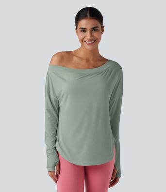 One Shoulder Long Sleeve Thumb Hole Curved Hem High Low Quick Dry Yoga Sports Top-Built-in Bra