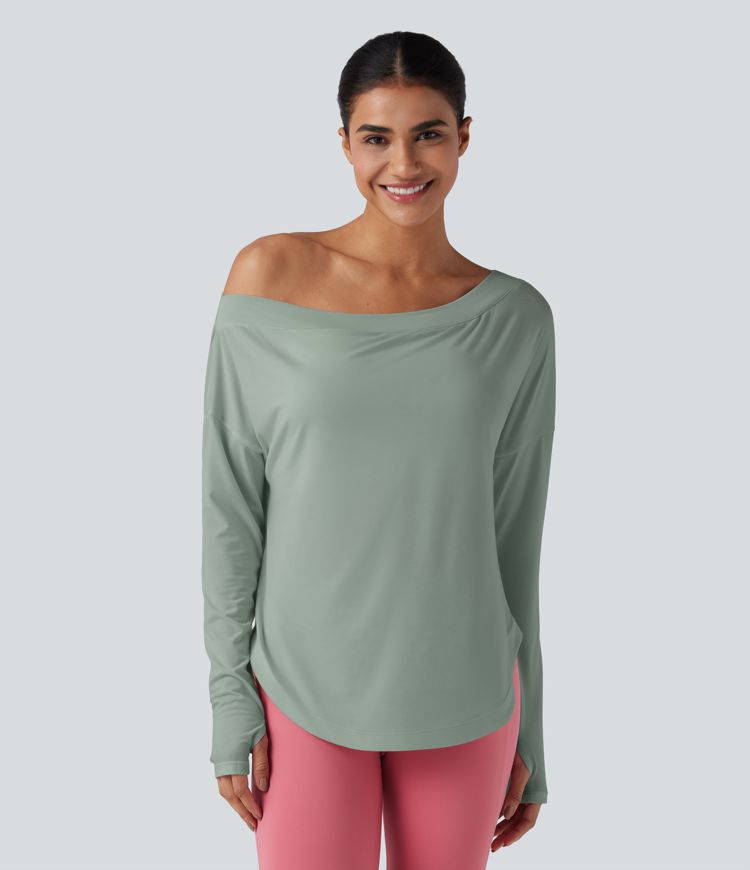 One Shoulder Long Sleeve Thumb Hole Curved Hem High Low Quick Dry Yoga Sports Top-Built-in Bra