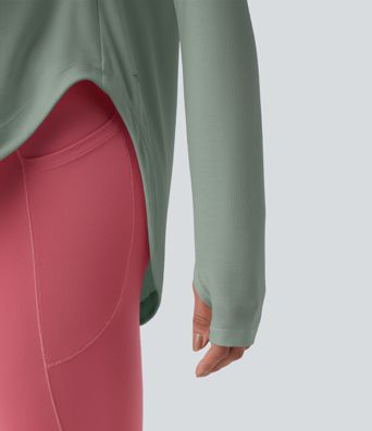 One Shoulder Long Sleeve Thumb Hole Curved Hem High Low Quick Dry Yoga Sports Top-Built-in Bra