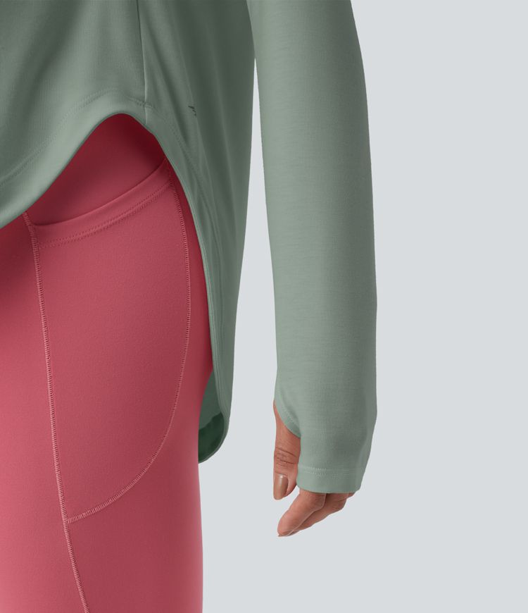 One Shoulder Long Sleeve Thumb Hole Curved Hem High Low Quick Dry Yoga Sports Top-Built-in Bra