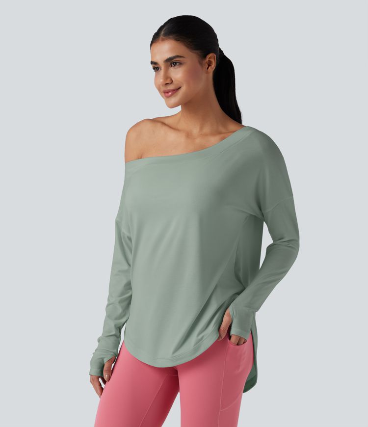 One Shoulder Long Sleeve Thumb Hole Curved Hem High Low Quick Dry Yoga Sports Top-Built-in Bra