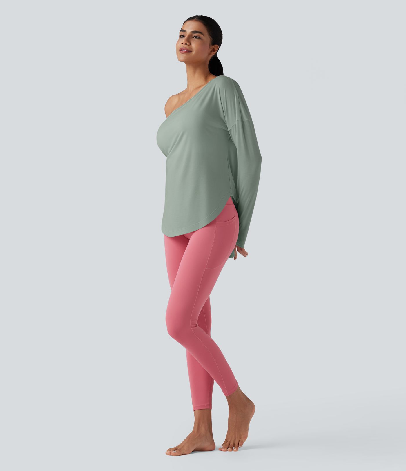 One Shoulder Long Sleeve Thumb Hole Curved Hem High Low Quick Dry Yoga Sports Top-Built-in Bra