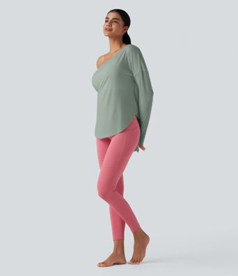 One Shoulder Long Sleeve Thumb Hole Curved Hem High Low Quick Dry Yoga Sports Top-Built-in Bra