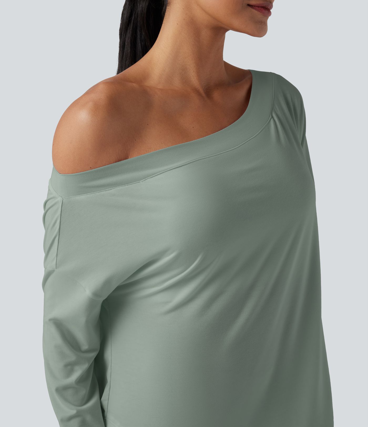 One Shoulder Long Sleeve Thumb Hole Curved Hem High Low Quick Dry Yoga Sports Top-Built-in Bra