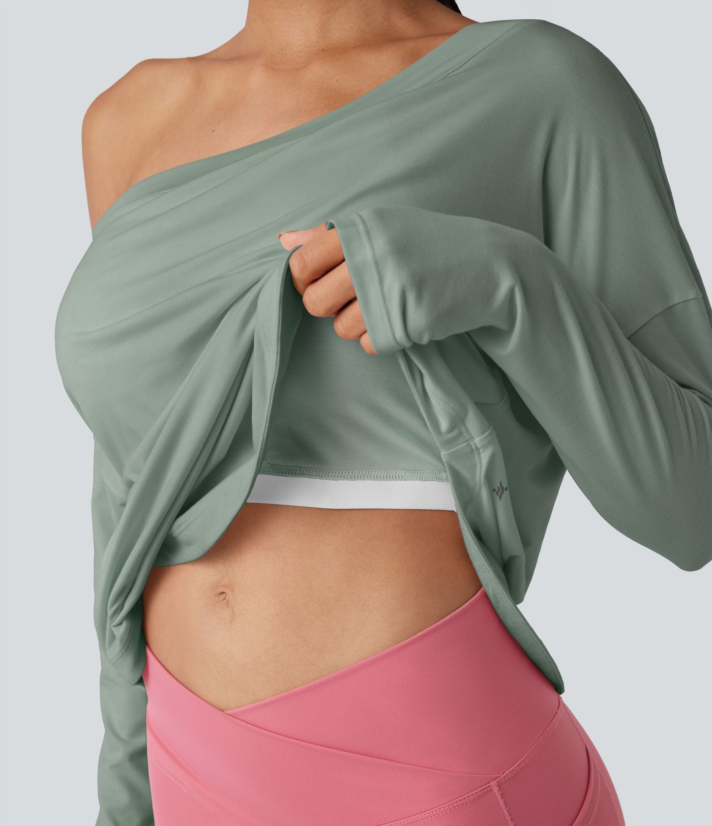 One Shoulder Long Sleeve Thumb Hole Curved Hem High Low Quick Dry Yoga Sports Top-Built-in Bra