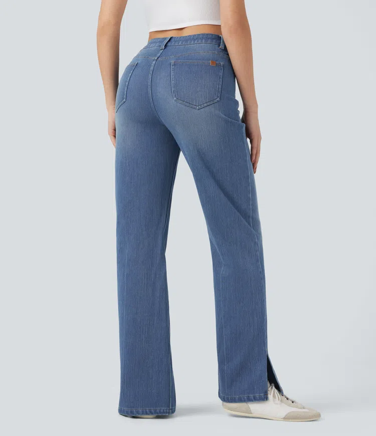 Tide Blue Denim Jean droit délavé Halara Flex™ taille haute avec fente et poches / 2