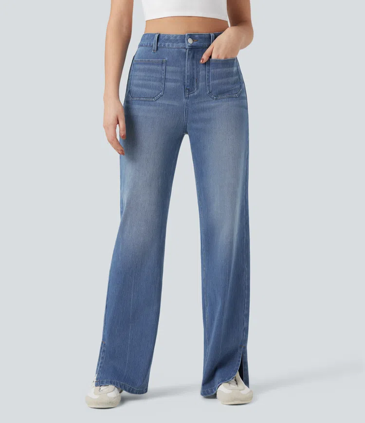 Tide Blue Denim Jean droit délavé Halara Flex™ taille haute avec fente et poches / 1