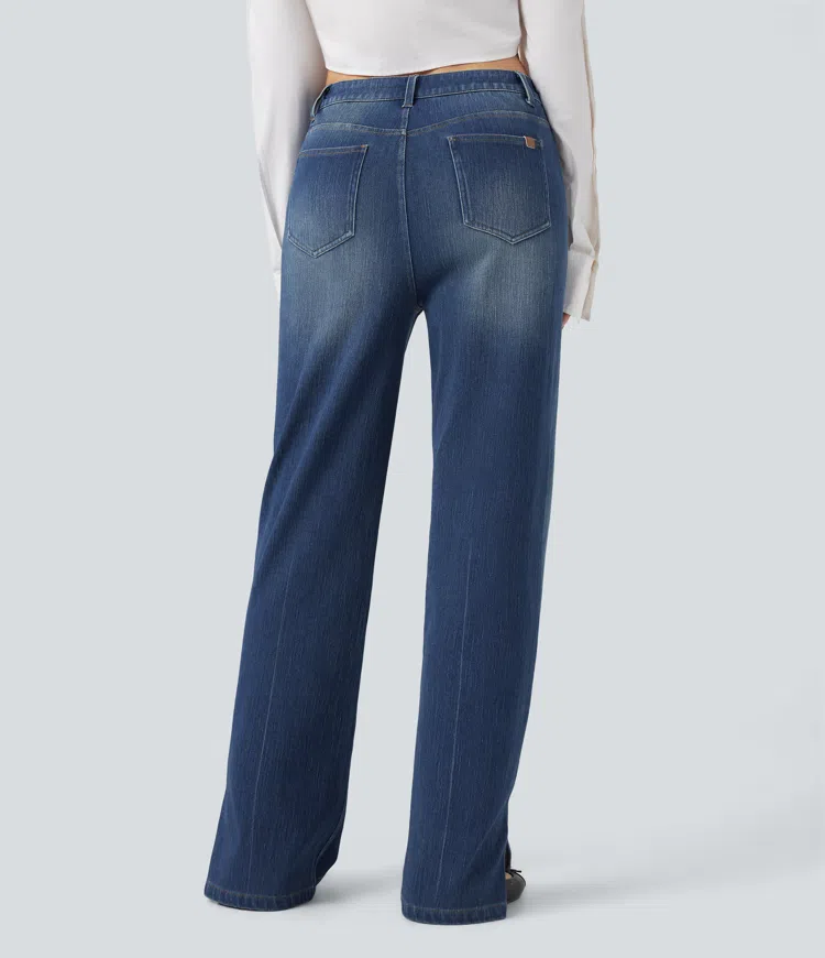 Mottled Dark Blue Denim Halara Flex™ High Waisted Straight Leg Washed Casual Jeans with Pockets / 2