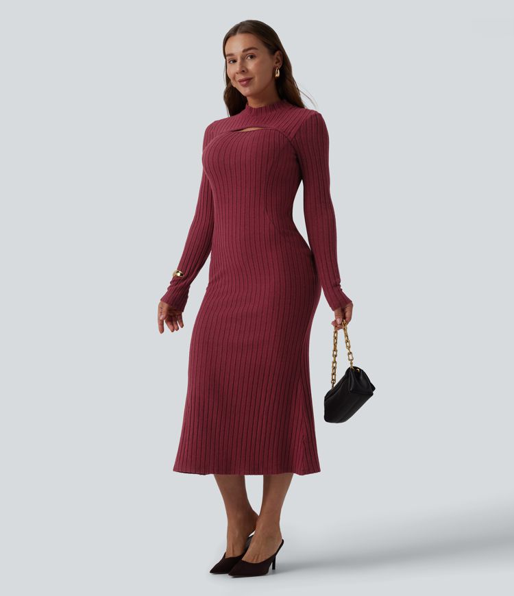 Ribbed Knit Mock Neck Long Sleeve Mermaid Midi Dress