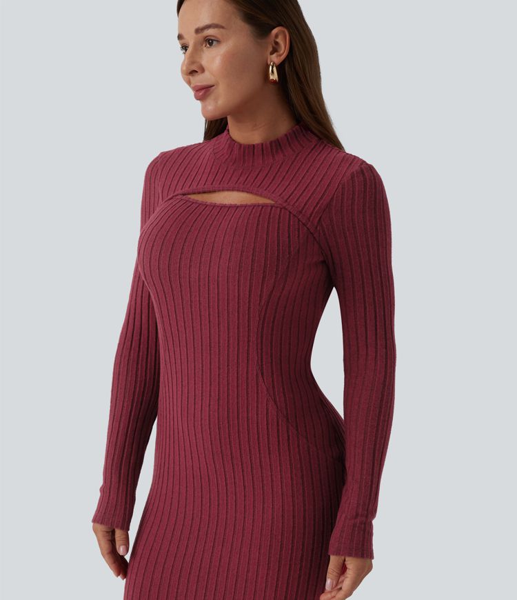Ribbed Knit Mock Neck Long Sleeve Mermaid Midi Dress