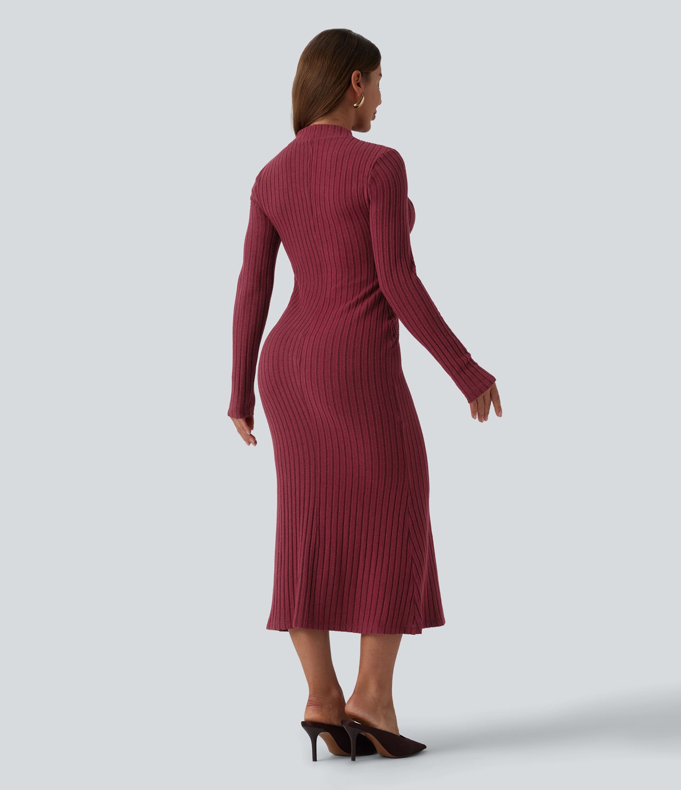 Ribbed Knit Mock Neck Long Sleeve Mermaid Midi Dress