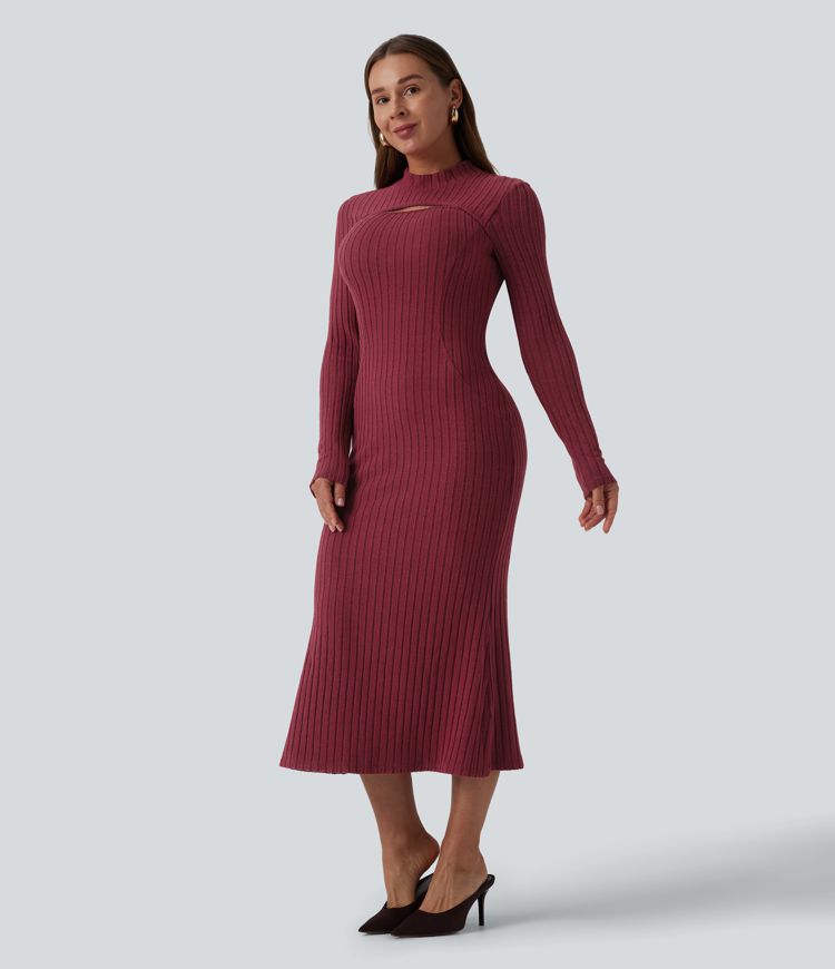 Ribbed Knit Mock Neck Long Sleeve Mermaid Midi Dress