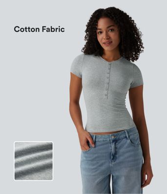 Halara Cotton Jersey Henley Short Sleeve Ultra-slim Casual T-Shirt