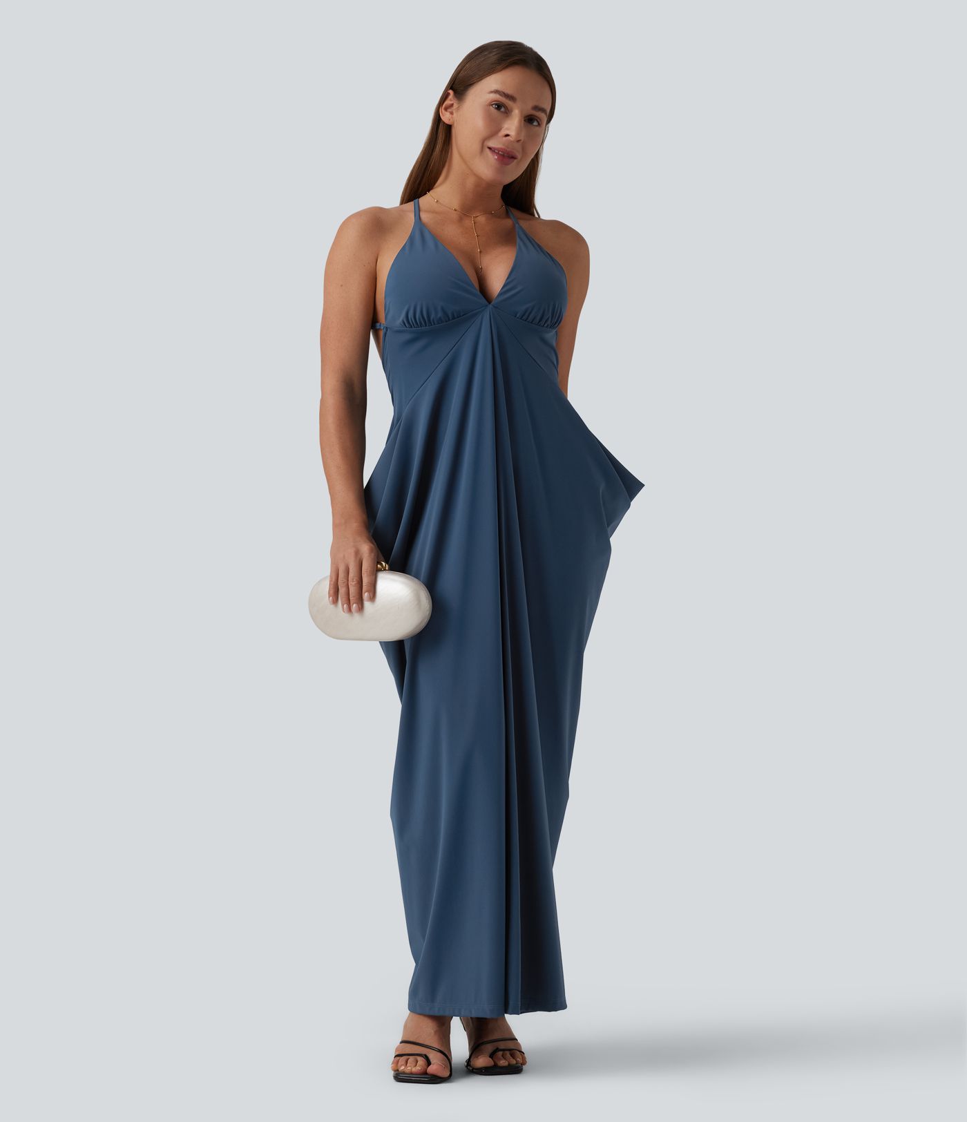 Gerafftes, rückenfreies Party-Maxikleid mit tiefem V-Ausschnitt und überkreuzten Trägern