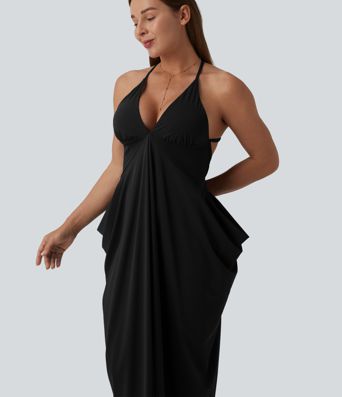 Robe longue dos nu décolleté plongeant à bretelles croisées et fronces superposées - Soirée