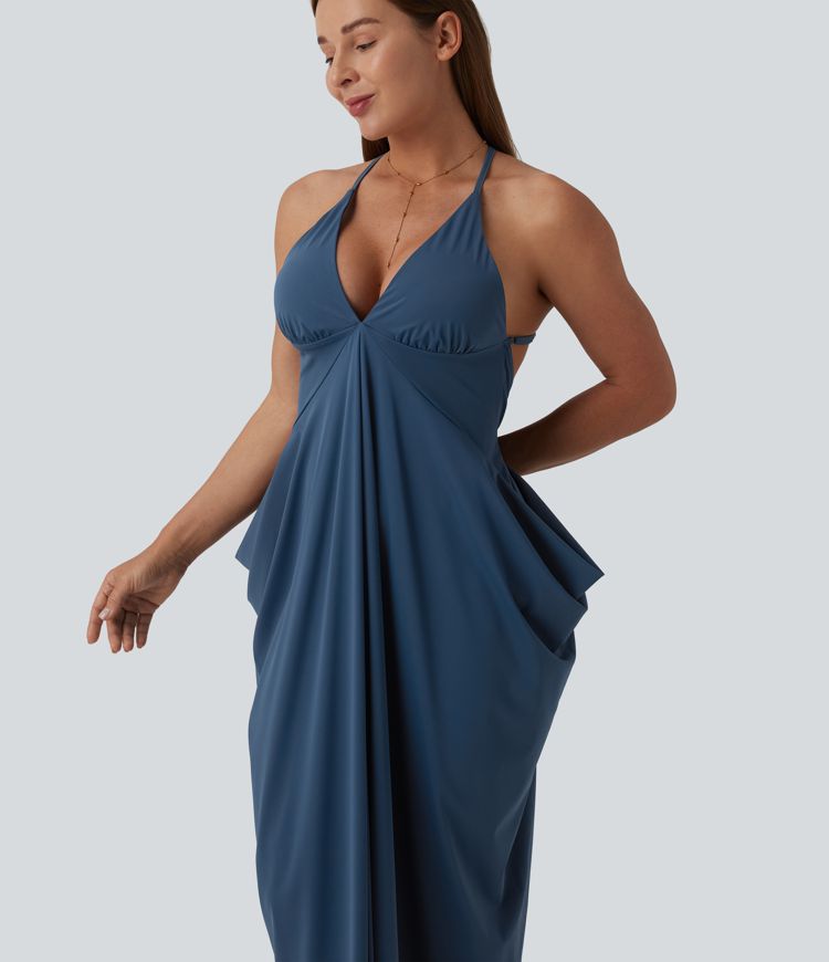 Gerafftes, rückenfreies Party-Maxikleid mit tiefem V-Ausschnitt und überkreuzten Trägern