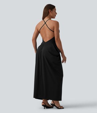 Robe longue dos nu décolleté plongeant à bretelles croisées et fronces superposées - Soirée