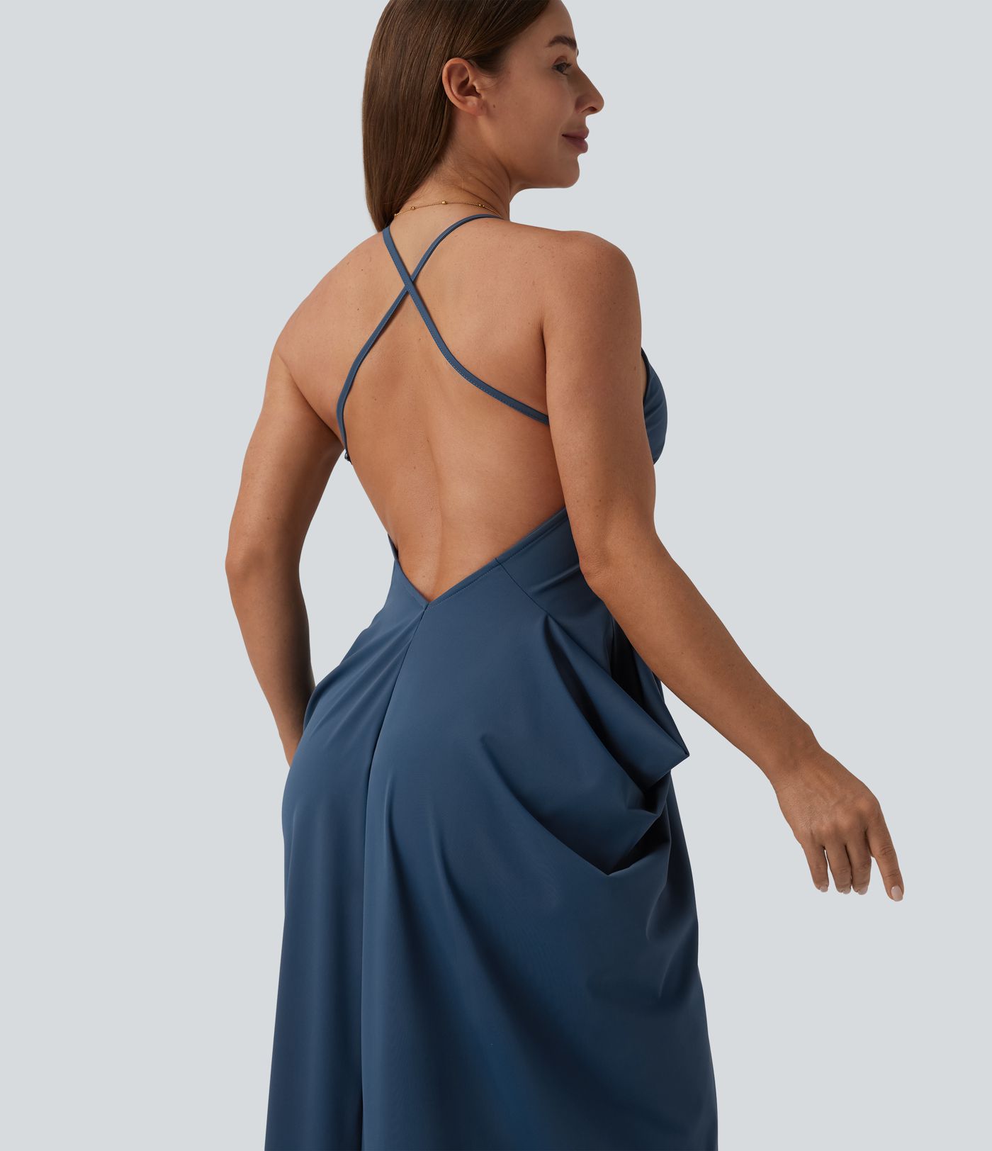 Gerafftes, rückenfreies Party-Maxikleid mit tiefem V-Ausschnitt und überkreuzten Trägern