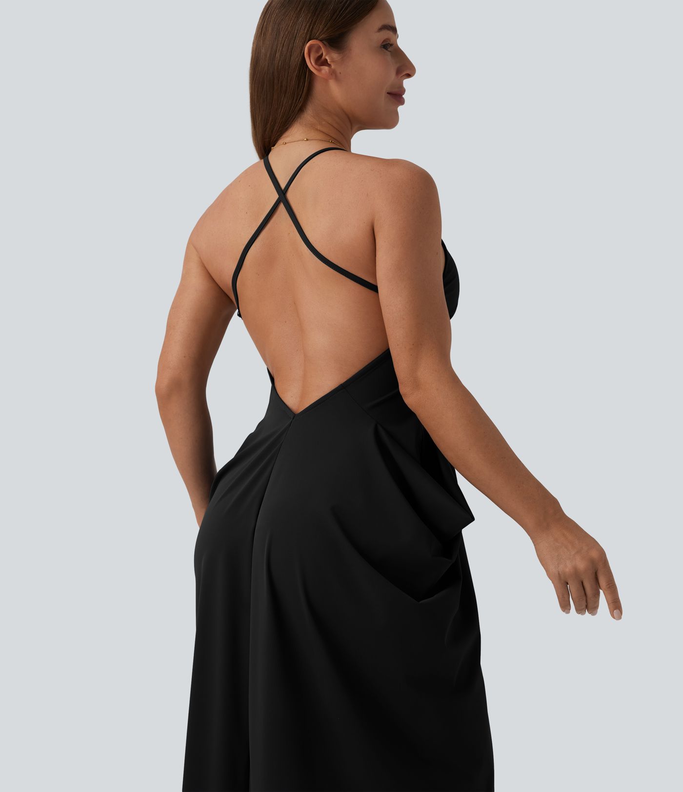 Robe longue dos nu décolleté plongeant à bretelles croisées et fronces superposées - Soirée