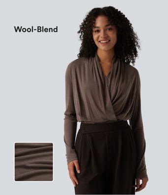 Deep V-neck Ruched Raglan Long Sleeve Work Wool-Blend Top