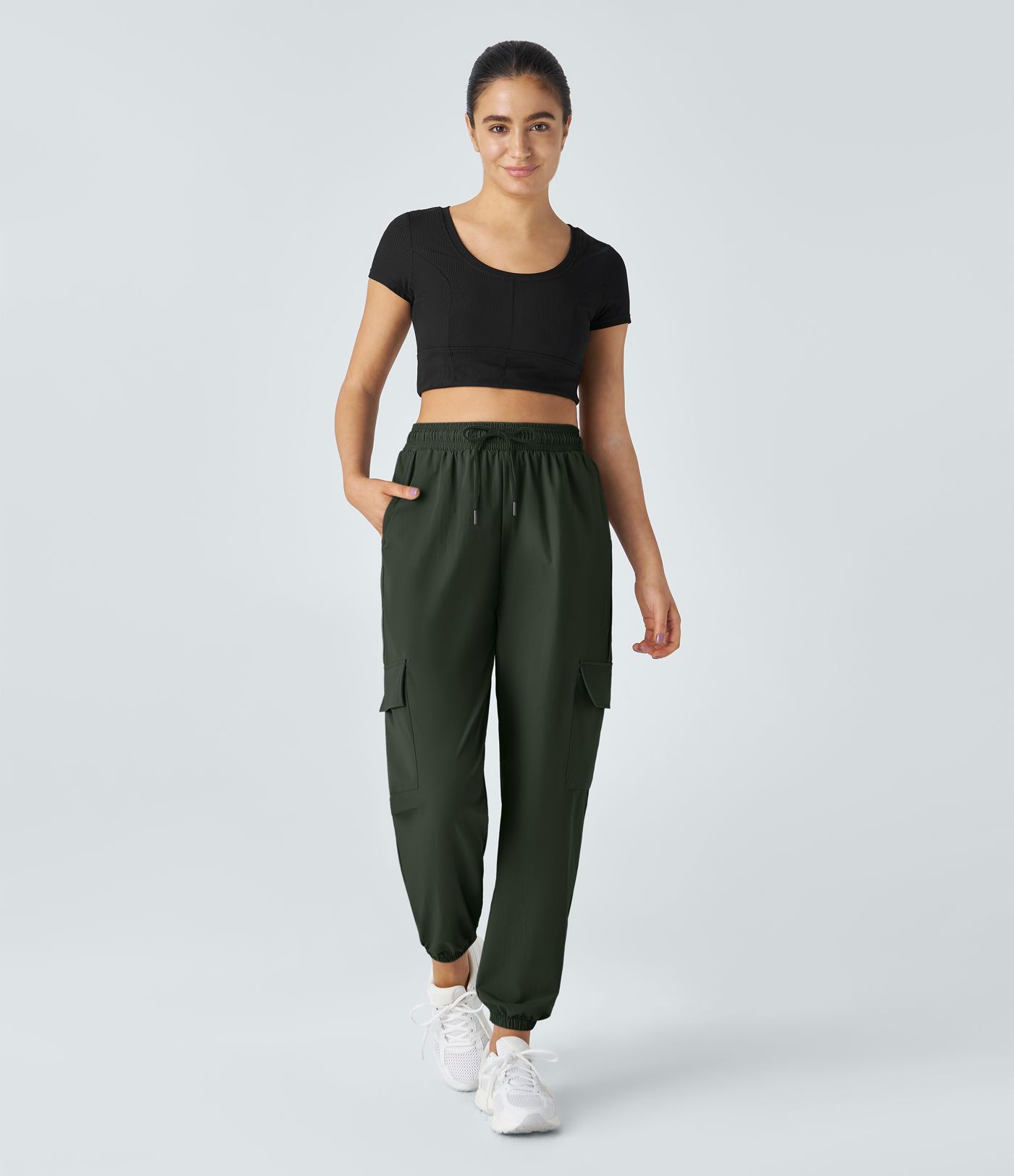 Mid Rise Drawstring Side Pocket Casual Cargo Joggers