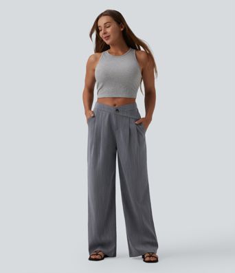 Pantalon baggy casual plissé asymétrique taille mi-haute, aspect lin, avec poches