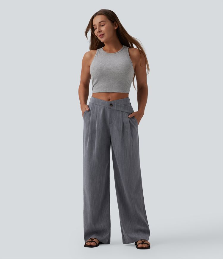 Pantalon baggy casual plissé asymétrique taille mi-haute, aspect lin, avec poches