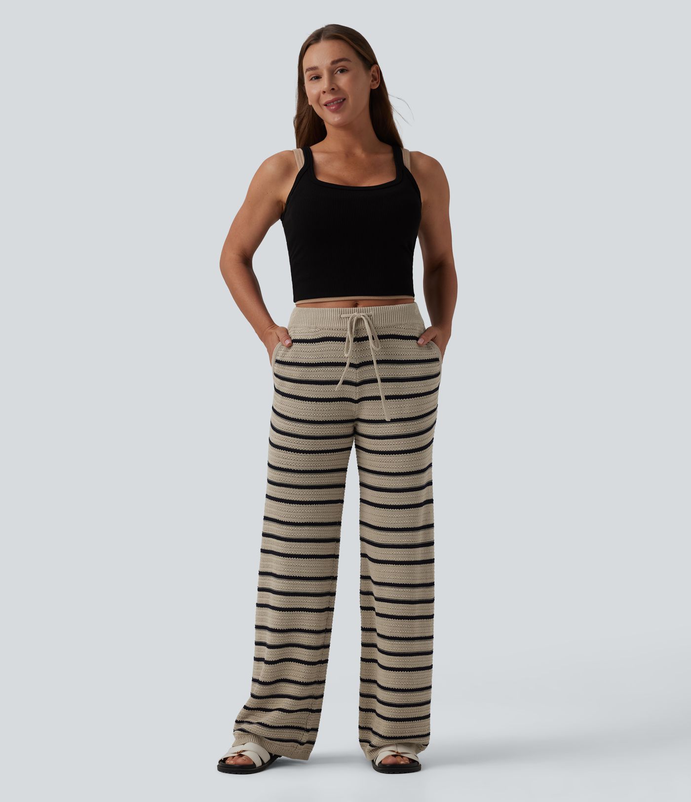Low Rise Drawstring Color Block Stripes Casual Baggy Jumper Trousers with Pockets