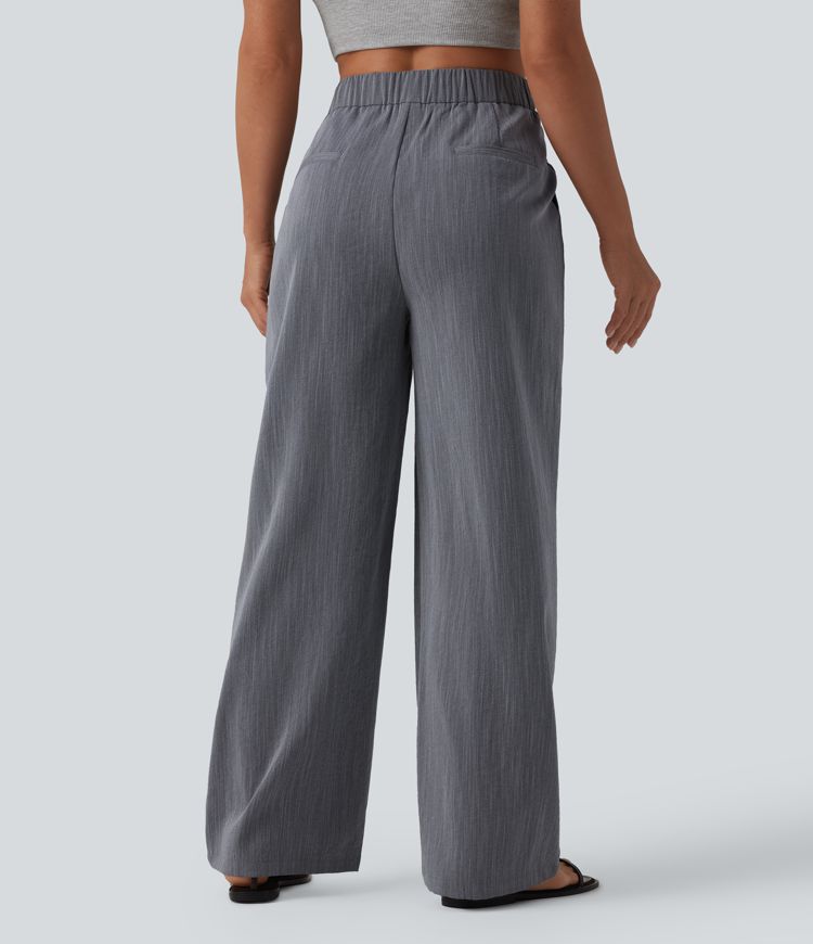 Pantalon baggy casual plissé asymétrique taille mi-haute, aspect lin, avec poches