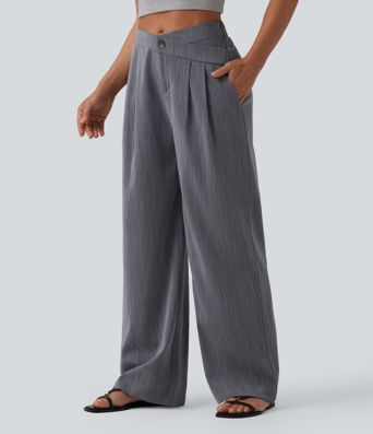 Pantalon baggy casual plissé asymétrique taille mi-haute, aspect lin, avec poches