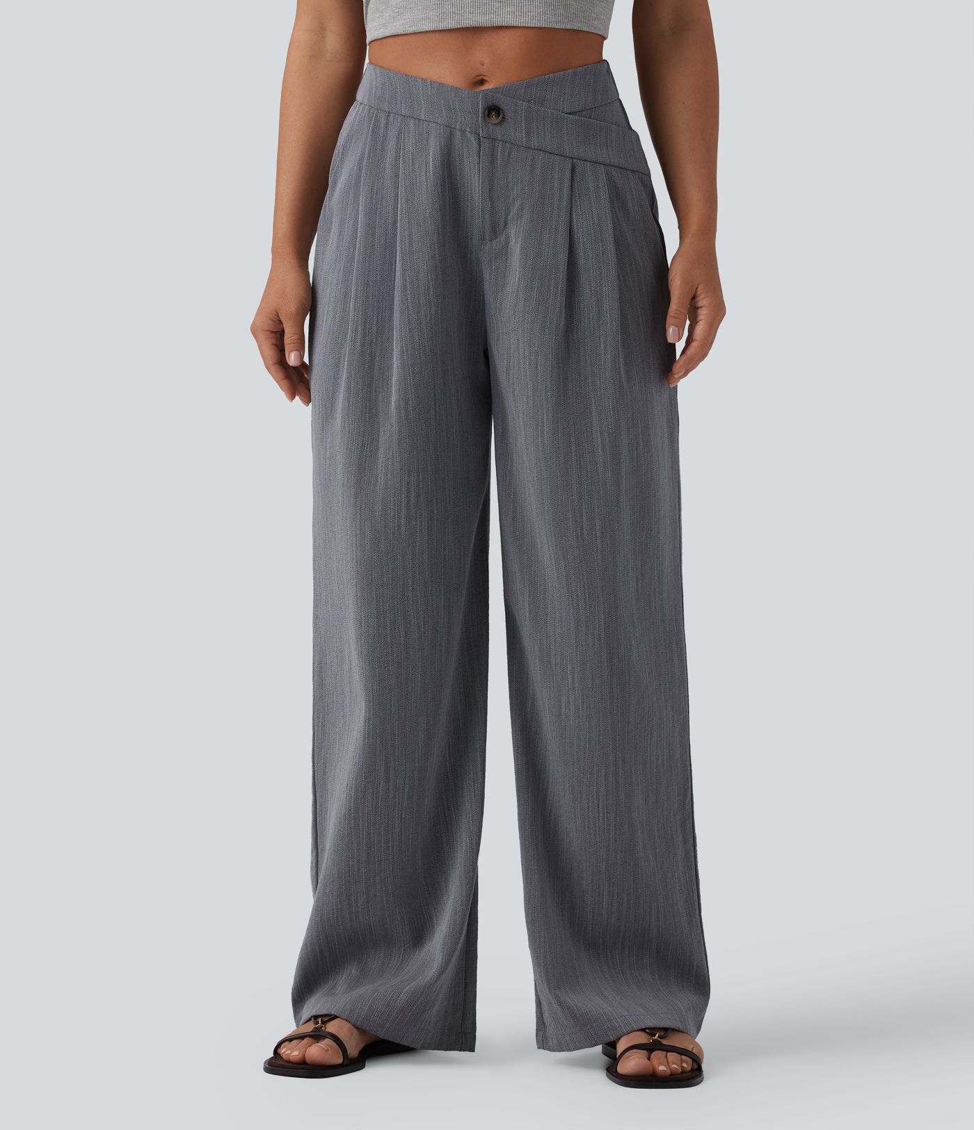 Pantalon baggy casual plissé asymétrique taille mi-haute, aspect lin, avec poches