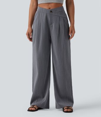 Pantalon baggy casual plissé asymétrique taille mi-haute, aspect lin, avec poches
