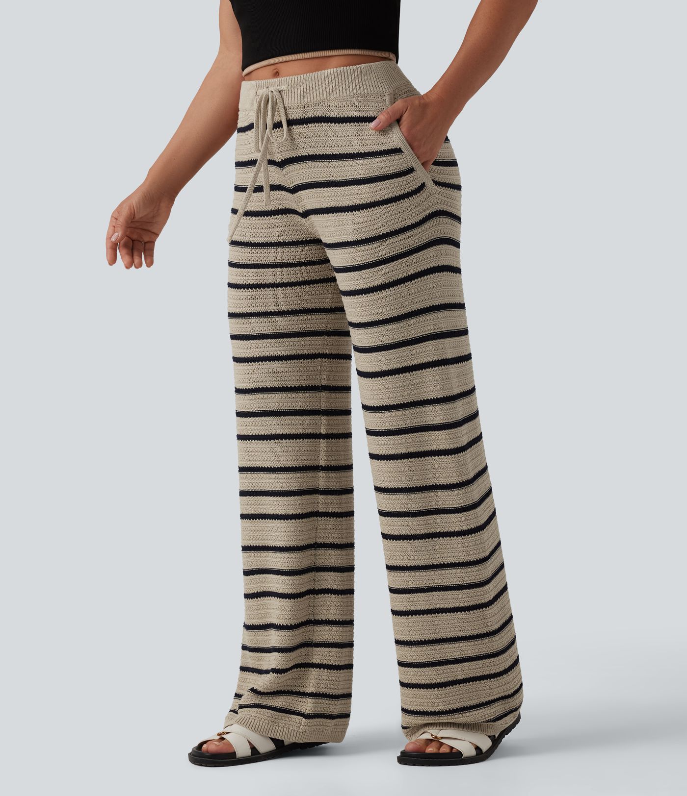Low Rise Drawstring Color Block Stripes Casual Baggy Jumper Trousers with Pockets