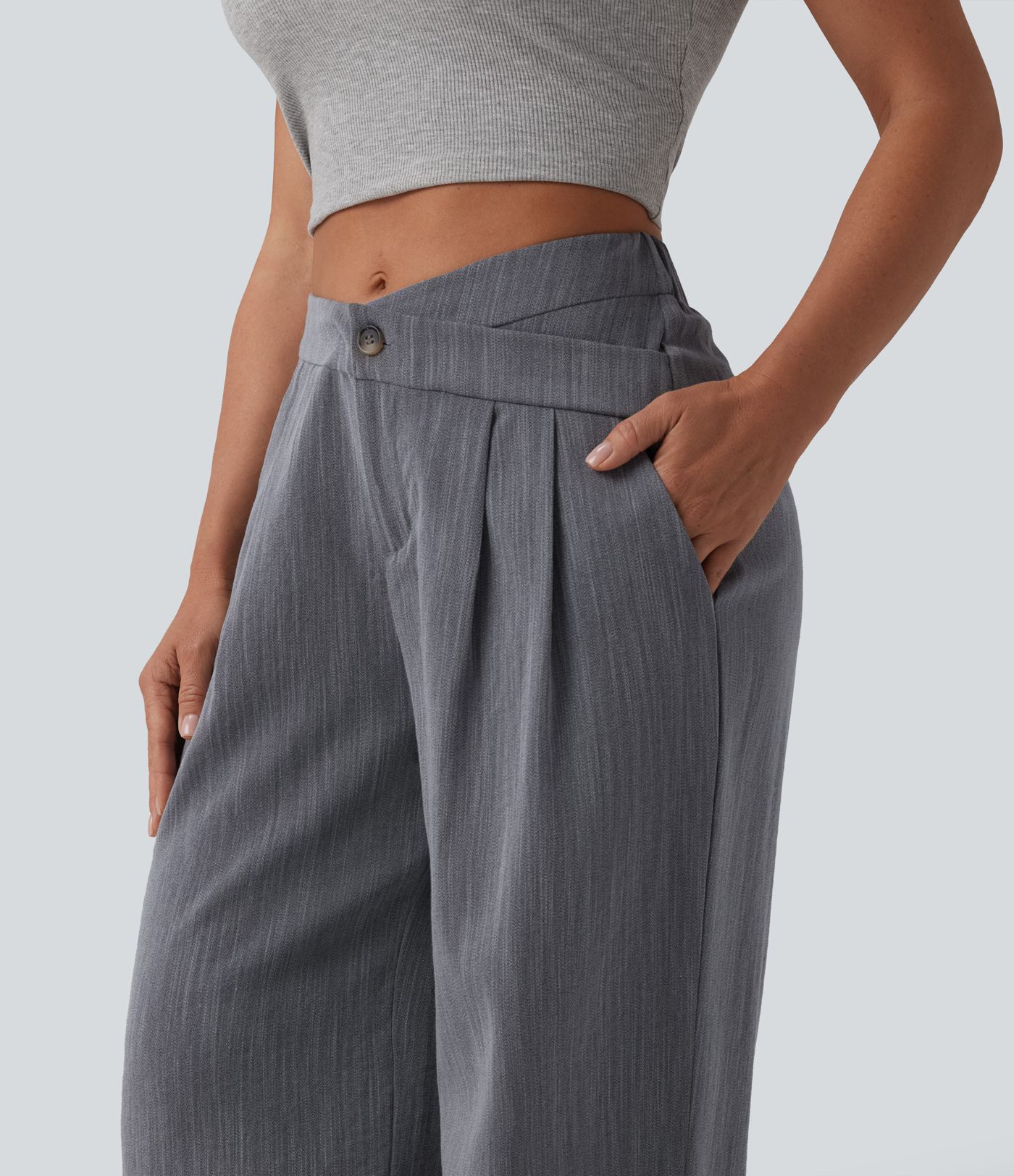 Pantalon baggy casual plissé asymétrique taille mi-haute, aspect lin, avec poches