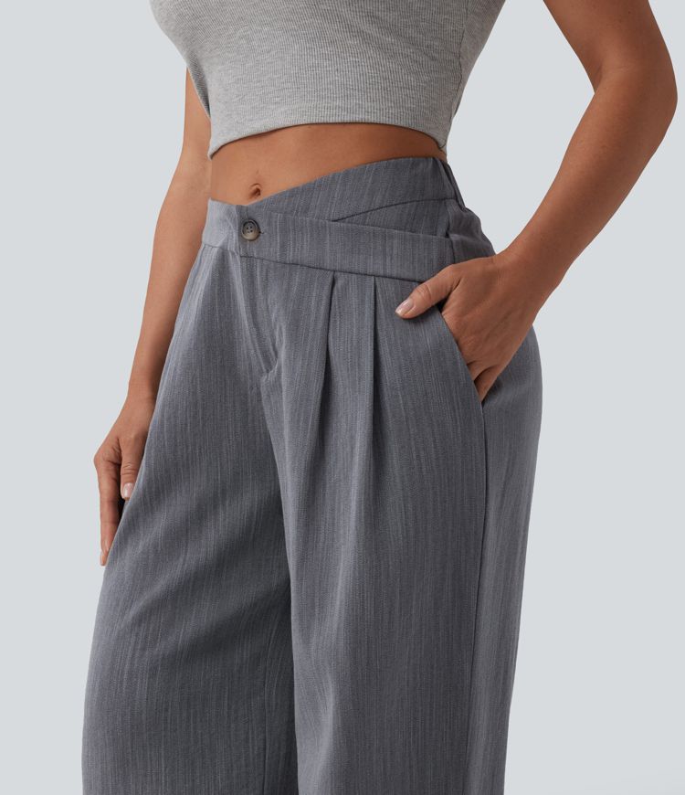 Pantalon baggy casual plissé asymétrique taille mi-haute, aspect lin, avec poches