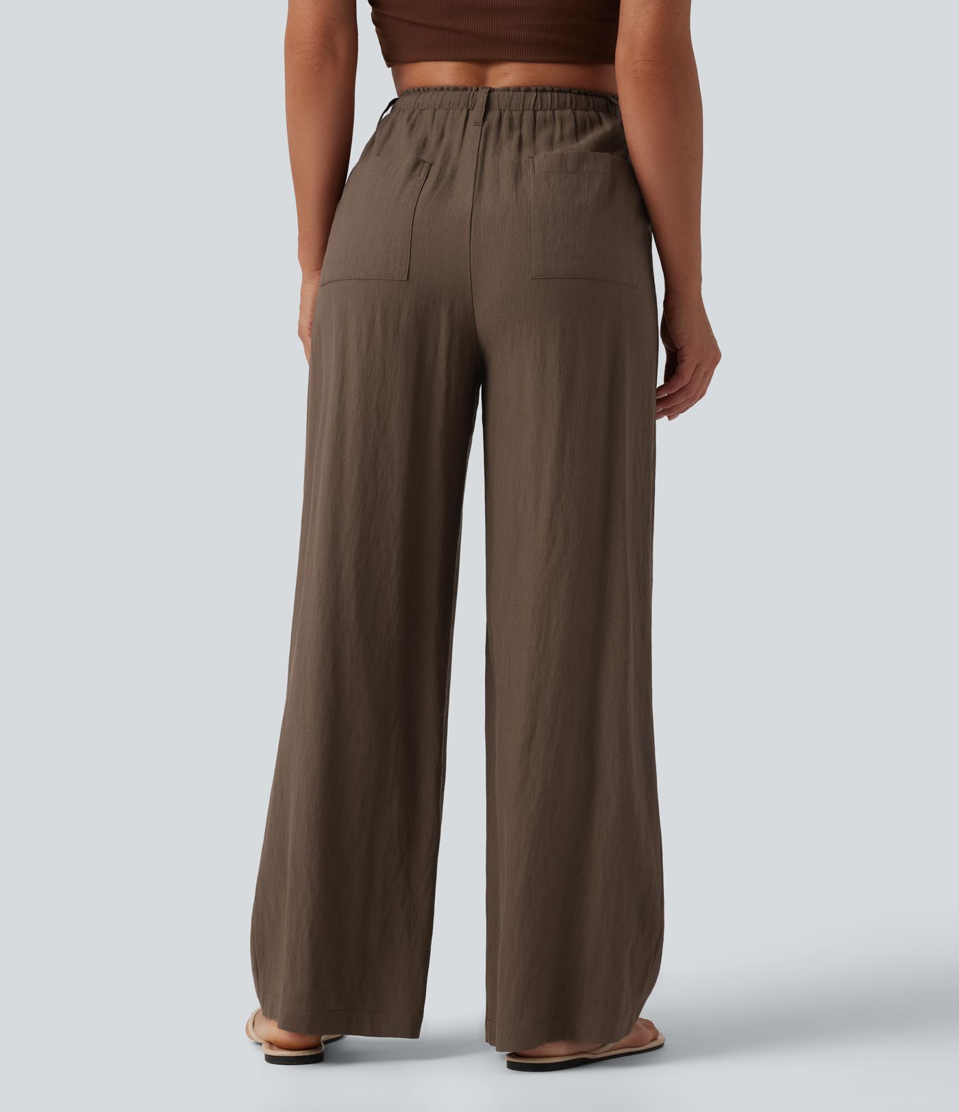 Pantalon ample décontracté taille haute à cordon, effet lin, avec poches