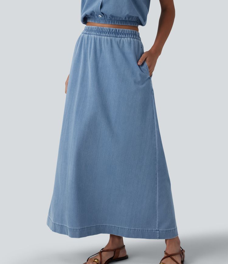 Halara Flex™ High Waisted A-Line Denim Maxi Casual Skirt with Pockets