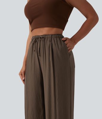 Pantalon ample décontracté taille haute à cordon, effet lin, avec poches