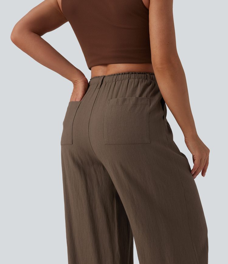 Pantalon ample décontracté taille haute à cordon, effet lin, avec poches