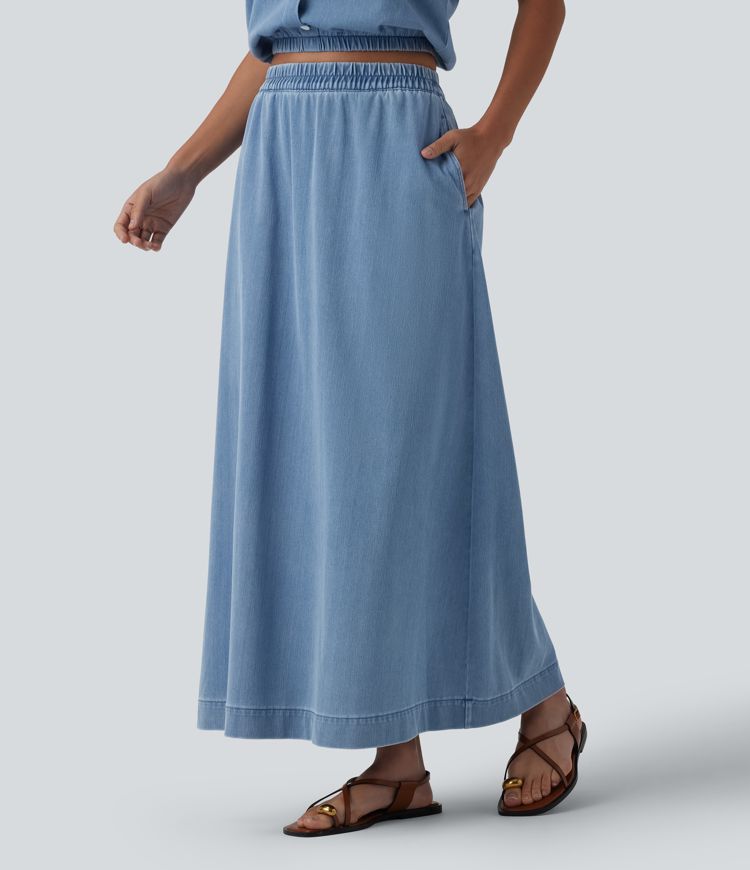 Halara Flex™ High Waisted A-Line Denim Maxi Casual Skirt with Pockets