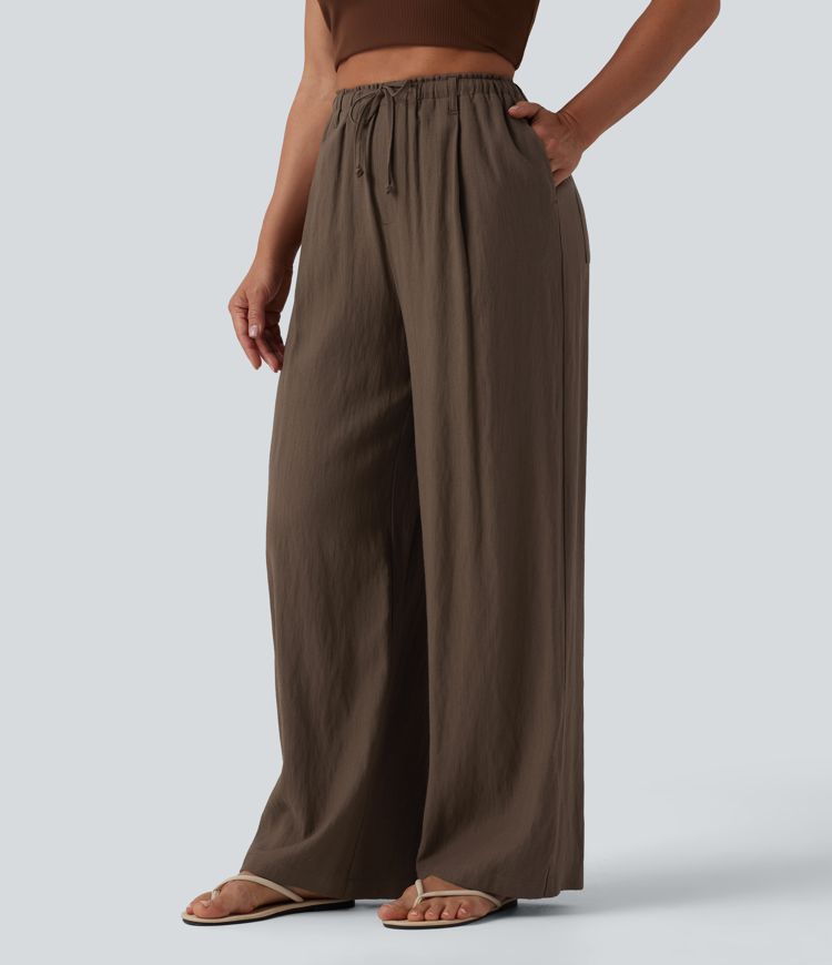 Pantalon ample décontracté taille haute à cordon, effet lin, avec poches