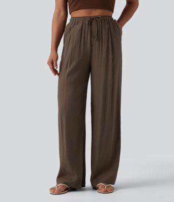 Pantalon ample décontracté taille haute à cordon, effet lin, avec poches