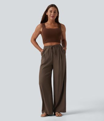 Pantalon ample décontracté taille haute à cordon, effet lin, avec poches