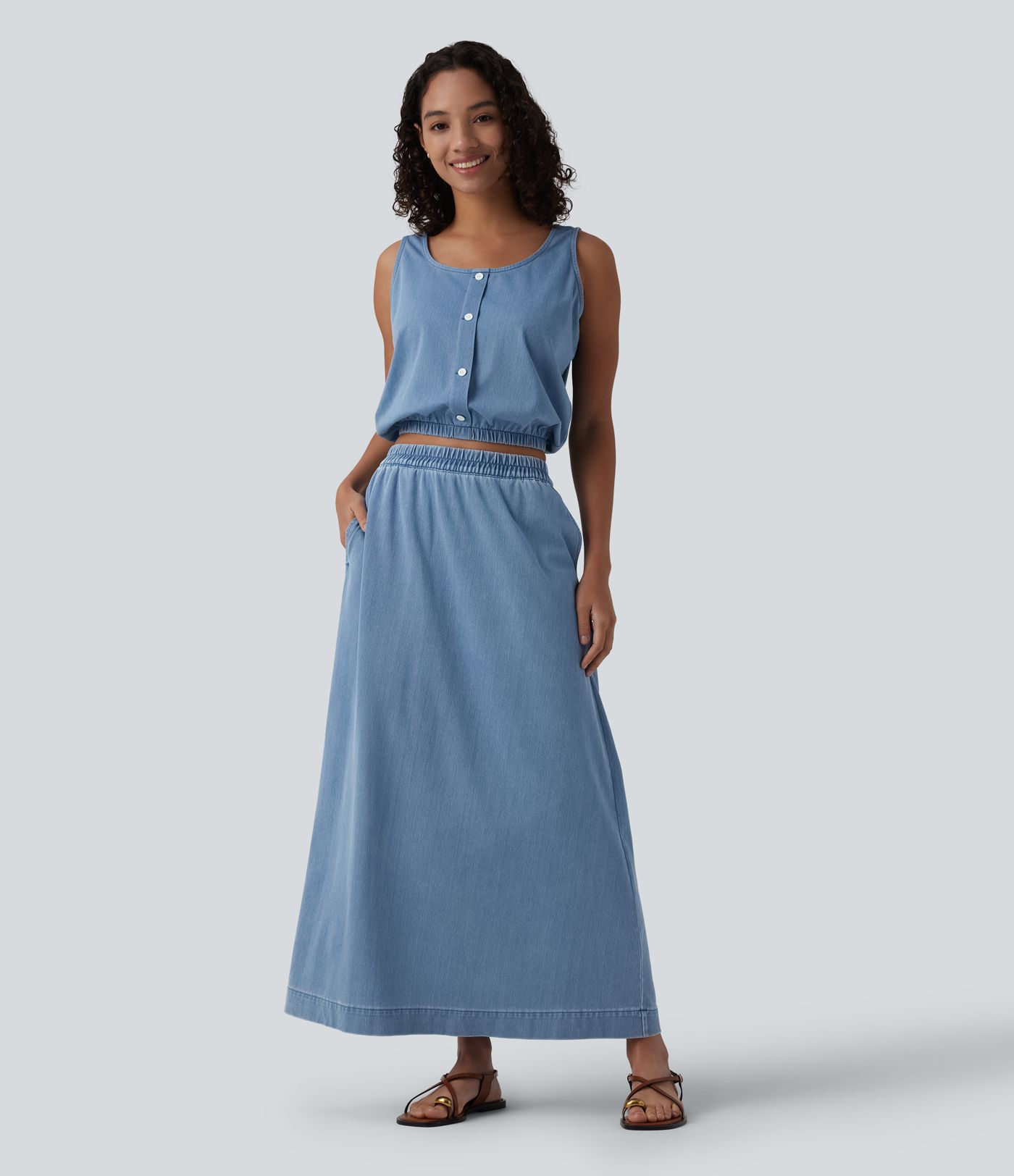Halara Flex™ High Waisted A-Line Denim Maxi Casual Skirt with Pockets