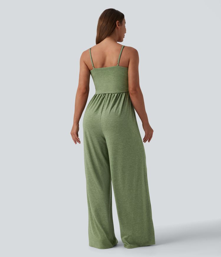 Adjustable Straps Ruched Wide Leg Heathered Casual Jumpsuit with Pockets-Easy Peezy