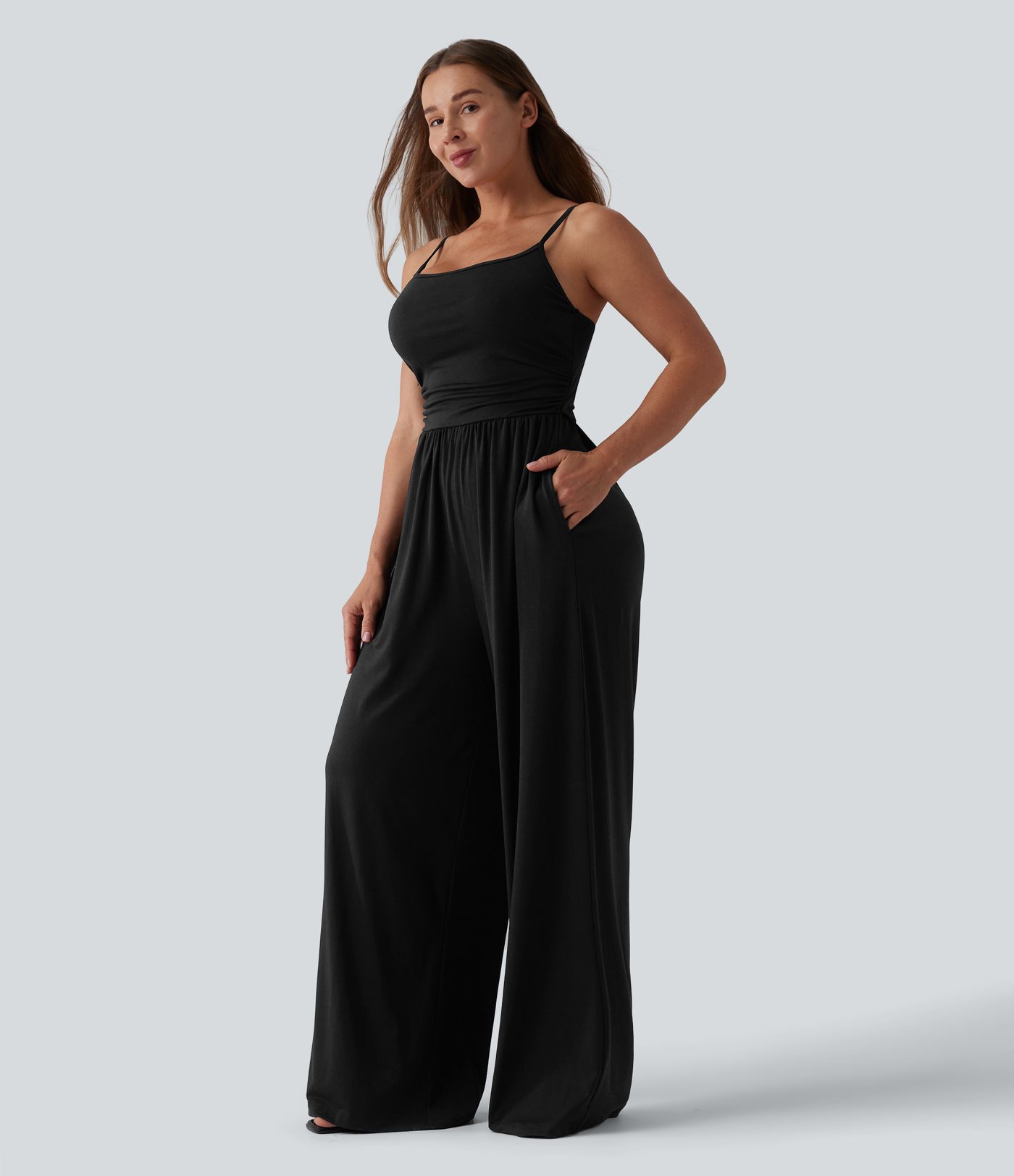 Adjustable Straps Ruched Wide Leg Heathered Casual Jumpsuit with Pockets-Easy Peezy