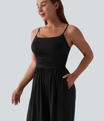 Adjustable Straps Ruched Wide Leg Heathered Casual Jumpsuit with Pockets-Easy Peezy