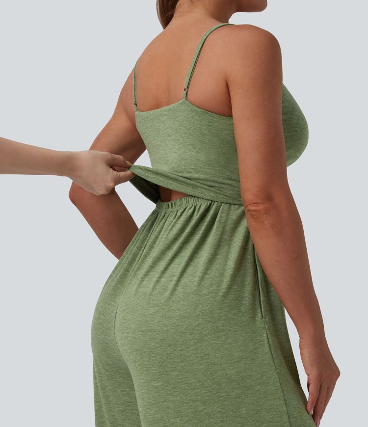 Adjustable Straps Ruched Wide Leg Heathered Casual Jumpsuit with Pockets-Easy Peezy
