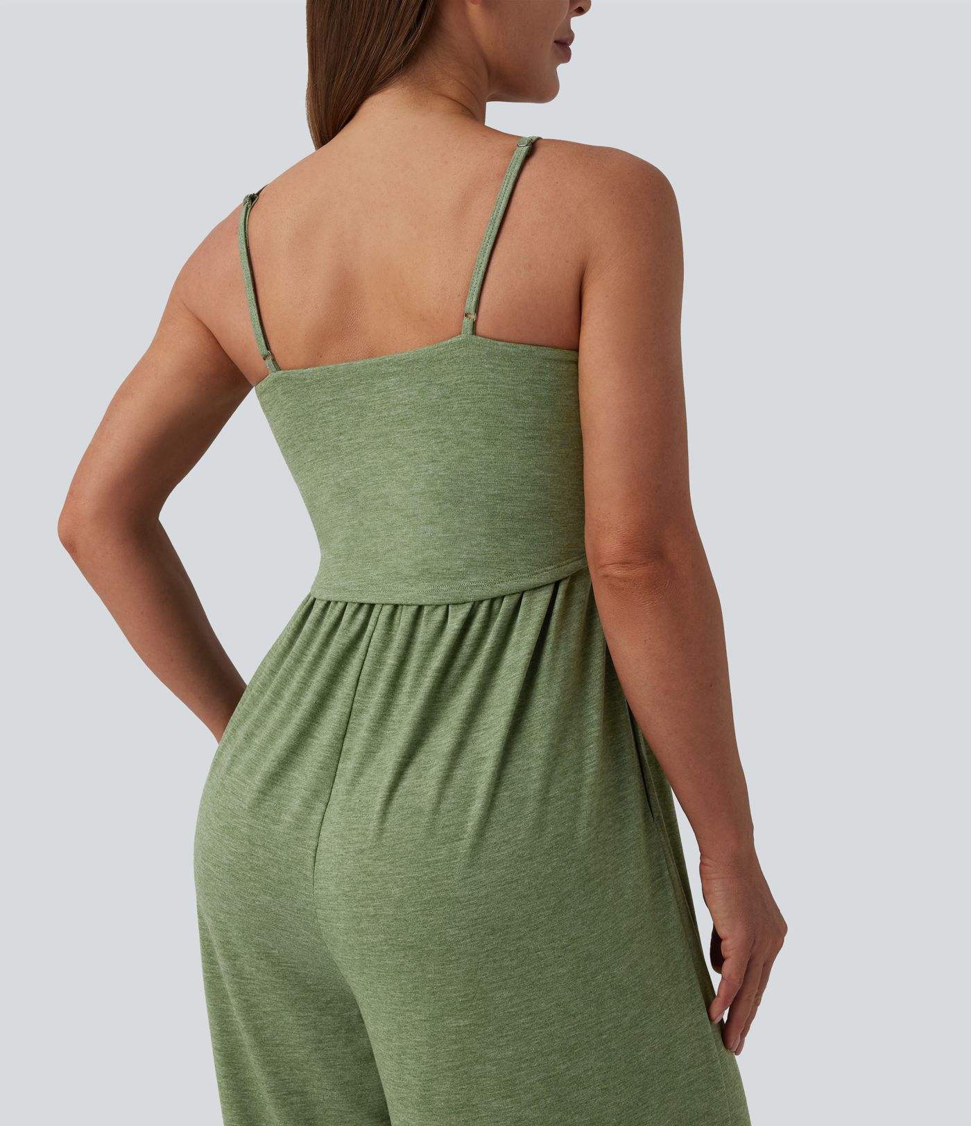 Adjustable Straps Ruched Wide Leg Heathered Casual Jumpsuit with Pockets-Easy Peezy
