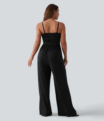 Adjustable Straps Ruched Wide Leg Heathered Casual Jumpsuit with Pockets-Easy Peezy